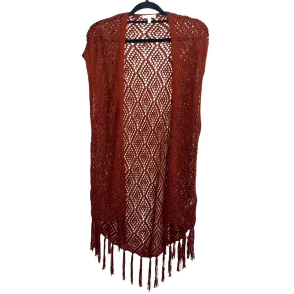 Bohemian Crocheted Open knit Duster Sweater Vest Rust Brown w/ Fringe S New